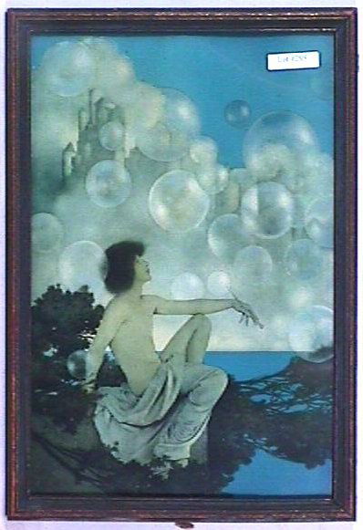 Maxfield Parrish - Air Castles: Circa 1904 Maxfield Parrish Enchanted print. Unsigned. Est 11x16" original frame. Original backing paper torn & loose but mostly remaining. 4.0 Grading. Before bidding on this item you must understand