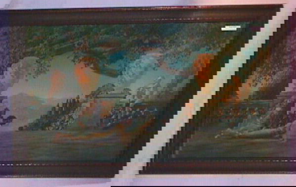 Roy Grossman - Maxfield Parrish Type Print: Circa 1920-30 Roy Grossman Enchanted print. Signed l/r. Enchanted print done very much in the style of Maxfield Parrish and R Atkinson Fox. Est 30x18" original frame with no backing paper. 4.0 Grading