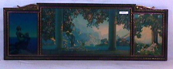 Maxfield Parrish - Rare Triptych in Original Frame: Rarer circa 1910-15 Maxfield Parrish triptych with three Enchanted prints. "Stars" (6x9" on left); "Daybreak" (18x10" in center); and "Hilltop" (6x9" on right). Est 32x12" original blue & gold ornate