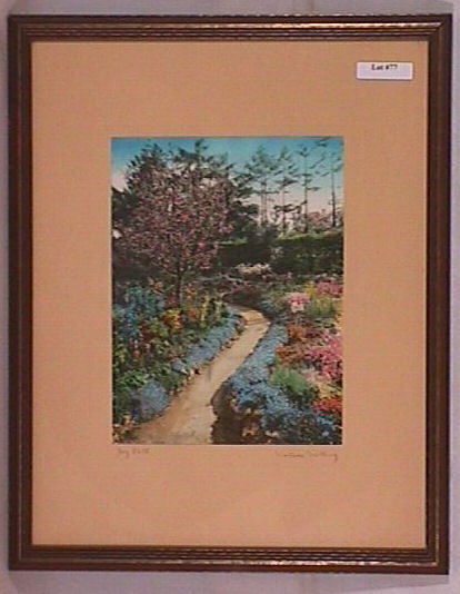 Wallace Nutting - Joy Path - Hand Colored: Circa 1930-35 hand-colored photo. Foreign flower garden scene. England. Original mat, pen signature & title. Est 13x16" original frame with original backing paper still retaining an original Copyright
