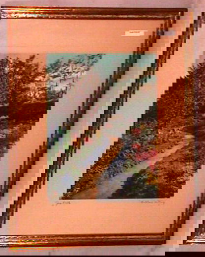 Wallace Nutting - Joy Path - England: Circa 1930-35 hand-colored photo. Foreign thatch-roofed cottage scene. England. Original mat, pen signature & title. Est 16x20" original frame with original backing paper. 4.0 Grading with good color,