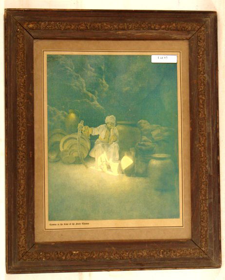 Maxfield Parrish -Cassim in the Cave: Circa 1920 Maxfield Parrish Enchanted print. Est 9.5x12" original print, probably a magazine cover or print, has been re-mounted long ago in a vintage 11x14" frame. Unblemished but the color is slight