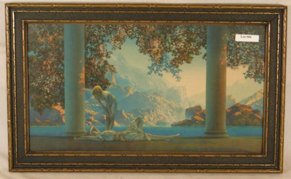 Maxfield Parrish - Daybreak: Circa 1923 Maxfield Parrish Enchanted print. Est 18x10" original art print in original blue & gold frame with no backing paper. "© The House of Art, NY" l/l and "Maxfield Parrish" l/c on image. 4.0 G