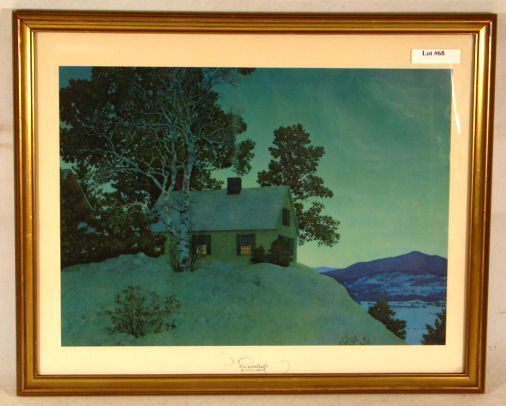 Maxfield Parrish -Eventide: Circa 1945-50 Maxfield Parrish Winter Landscape scene. Est 16x12" original art print in original gold frame with original paper. "Eventide by Maxfield Parrish" l/c. 4.0 Grading with good color, clean