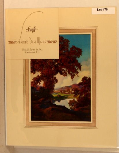 Maxfield Parrish - Peaceful Valley: Circa 1940-50 Maxfield Parrish Landscape advertising print. Est 5.25x7" original art print is mounted within an 8.5x10.5" advertising piece from the "Geo W Swift Jr Co, Bordentown NJ". 4.0 Grading wit