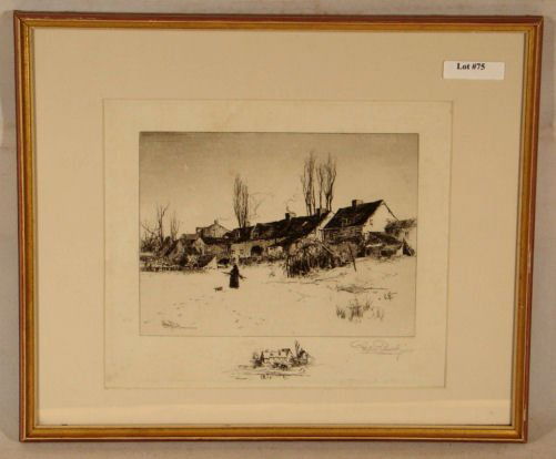Stephen Parrish - Original Pencil-Signed Etching: Original circa 1920-25 Stephen Parrish (1846-1938) etching of woman carrying firewood toward long row of houses in snow. Est 8x6" original etching is pencil signed and with a village logo l/c is overm