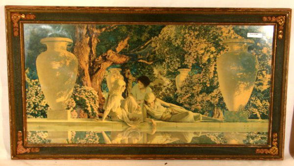 Maxfield Parrish - Garden of Allah: Circa 1918 Maxfield Parrish Enchanted art print. Est 30x18" original large format print in original frame with no backing paper. "MP" l/r. 4.0 Grading with nice color and original frame which does hav