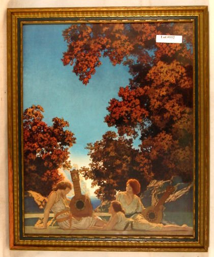 Maxfield Parrish - Interlude: Circa 1924 Maxfield Parrish Enchanted print. Est 12x15" original art print in original blue & gold frame with original backing paper. "© Reinthal & Newman, NY" l/r on image. 4.0 Grading with good col