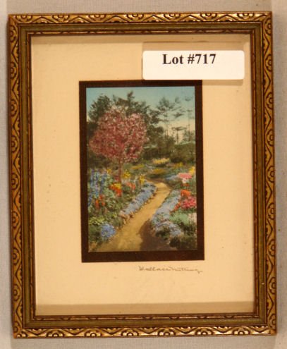 Wallace Nutting - Miniature Joy Path Scene: Circa 1930-35 hand-colored photo. Miniature Foreign scene with path winding through flower garden. England. Original mat and pen signature. Est 4x5" frame with older backing paper. 4.0 Grading with ni