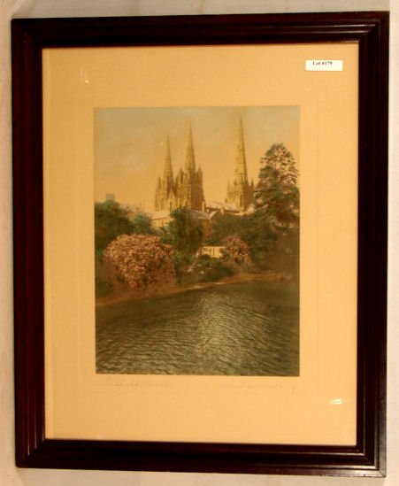 Wallace Nutting - Litchfield Minster - ENGLAND: Circa 1915-25 hand-colored photo. Foreign scene with tall cathedral rising above rippling tree-lined lake. England. Original mat, pen signature & title. Est 16x20" original frame with newer backing pa