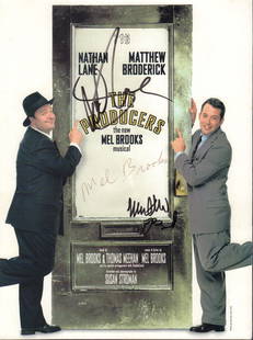 The Producers: 9x12 signed press document folder. Inside is a stapled document with biographices of the stars. Signed by Mel Brooks, Matthew Broderick and Nathan Lane