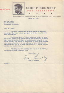 John F Kennedy: 7.5x11 correspondence on presidential campaign stationery, signed by the soon-to-be-president