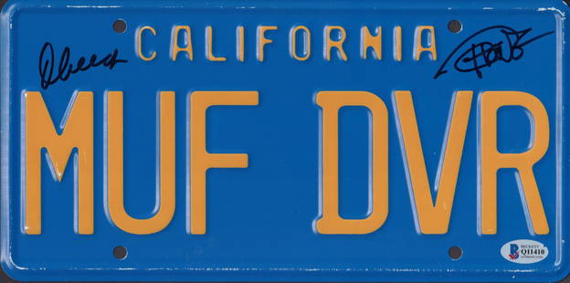 Up In Smoke license plate: Replica license plate "MUF DVR" from the film Up In Smoke, signed by the stars Cheech Marin and Tommy Chong