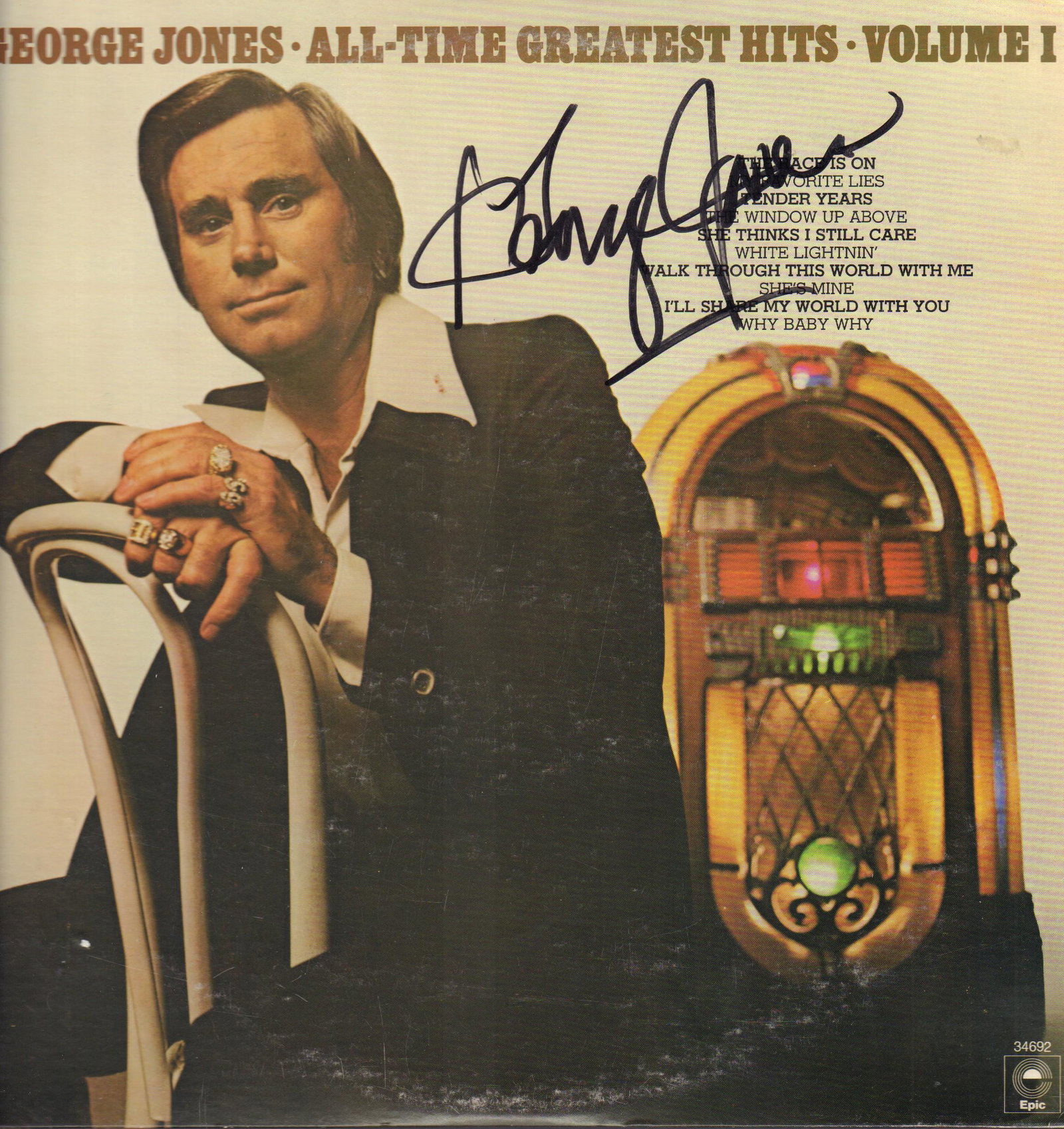 George Jones album: All-Time Greatest Hits Volume 1 signed by the "He Stopped Loving Her Today" singer