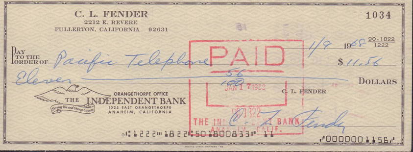 CL Fender: 8x3 bank check signed by the Fender Instruments founder and inventor