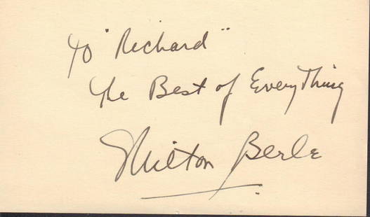 Milton Berle: 5x3 index card signed by the comedian and actor, known for his role in It's A Mad, Mad, Mad, Mad World