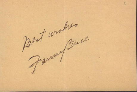 Fanny Brice: 5x3.5 signature of the multi-talented entertainer, known for her roles in The Baby Snooks Show and Ziegfeld Follies