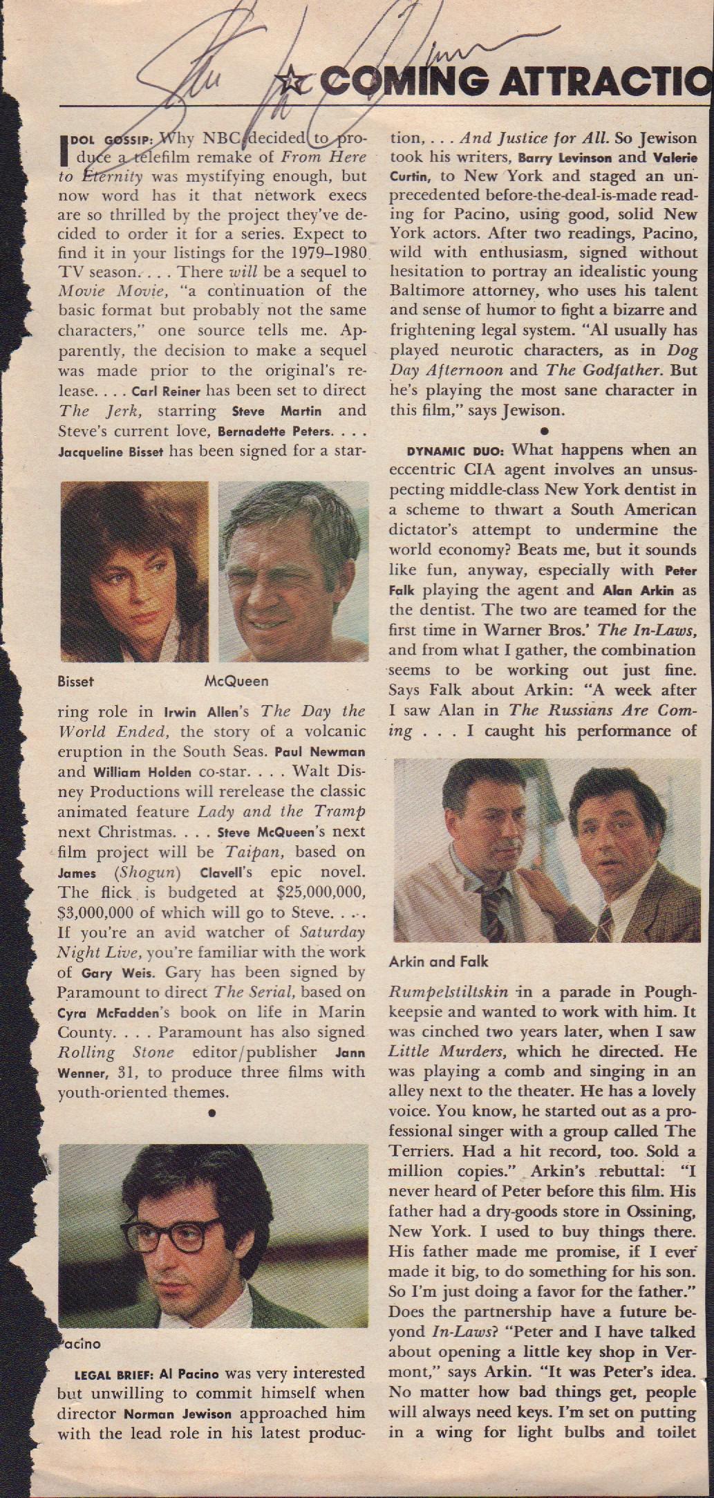 Steve McQueen: 5x11 magazine clipping signed by the actor, known for his roles in Bullitt and The Great Escape