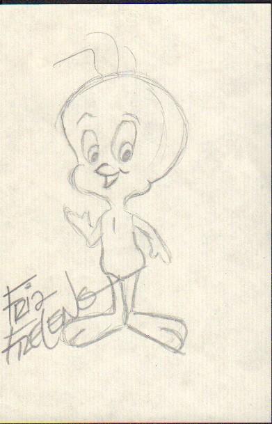 Friz Freleng Tweety Bird sketch: An original sketch of Tweety Bird by the legendary Warner Bros cartoonist on a 3x5 index card with Piece of the Past COA
