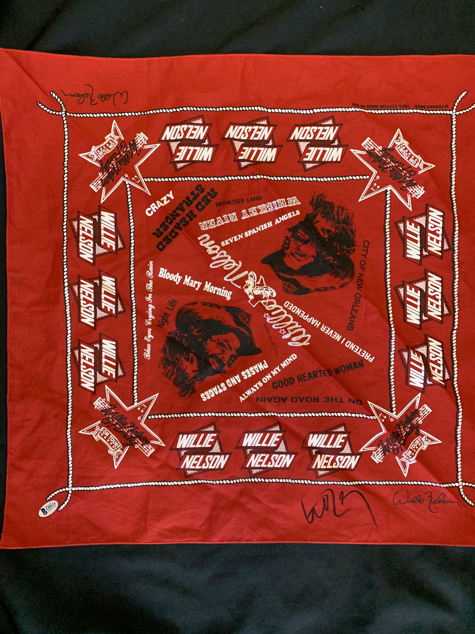 Willie Nelson Bandana: A bandana signed by the legend with Beckett sticker on it as well