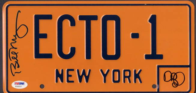 Ghostbusters License tag: A replica ECTO 1 license plate signed by Bill Murray and Dan Aykroyd with COA incl PSA sticker