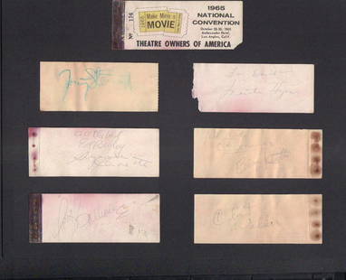 Theater Owners tickets signed: A 1965 Theater Owners ticket book from event with signatures of Jimmy Stewart and five more stars mounted to a scrapbook page with COA