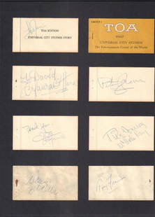 Universal Studios 1965 Tour: A tour at Universal for Theater Owners in 1965 with ticket book each page signed by another star six in all such as Lana Turner Peter Graves with COA mounted in scrapbook page