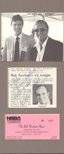 Bob Newhart vintage: A rare Bob Newhart TV show ticket to be an audience member and signed at that time newspaper article by him mounted in a scrapbook page with COA