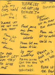 Bruce Almighty Props: A set of three prop prayer post it note pages used as wallpaper in the prayer request scenes in the film obtained from studio with copy of studio letter COA