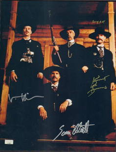 Tombstone cast: A color signed 11x14 by Kurt Russell, Sam Elliott and Val Kilmer each under private contract with us Val Kilmers hologram is on piece plus our COA