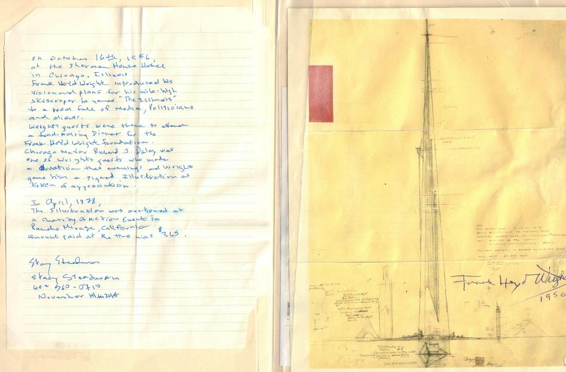 Frannk Lloyd Wright RARITY: A RARE copy of a building blueprint signed by him with handwritten account of what it was for an how it came to be signed in 1950 RARE with this level of architectural content with COA