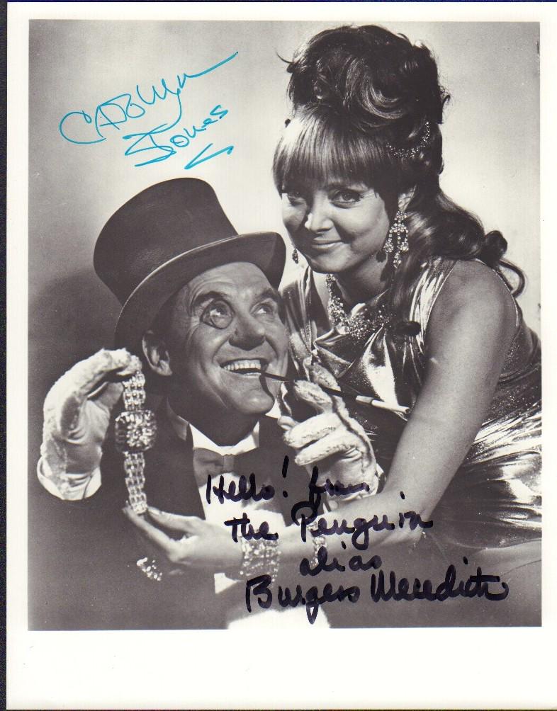 Burgess Meredith and Carolyn Jones: A Queen of Diamonds and Penguin still from TVS Batman signed by both with COA