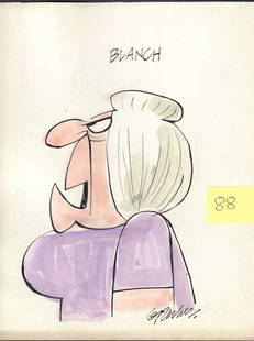 Wizard of Id Original art: A one of a kind large watercolor of Blanch the shrew wife in the strip labelled and signed by creator Parker approx 11x14 on art board with COA