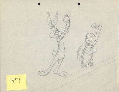 Looney Tunes Tortoise and the Hare original art: An original pencil sketch of Bugs Bunny in the early cartoon short Tortoise and the Hare with COA