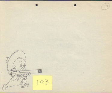 Elmer Fudd vintage WB pencil sketch: A mad Elmer with his hunting rifle on a vintage animators page from early WB cartoon with COA