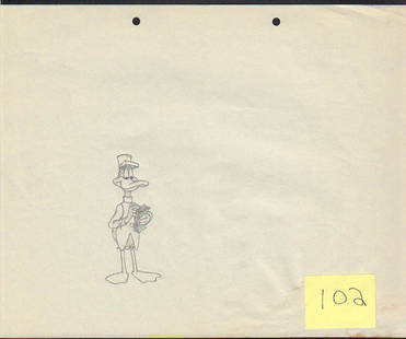 Daffy Duck original WB art: An original WB Daffy Duck penciled sketch counting money as a conductor from famous cartoon with COA