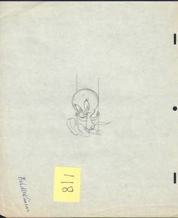 Tweety Bob McKimson art: An original vintage Tweety Bird sketch used in cartoon SIGNED later by legendary animator Robert (Bob) MCKimson with COA