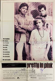 Pretty in Pink poster: An original movie poster from the classic film signed by stars Molly Wingwald Jon Cryer Andrew McCarthy AND by Annie Potts and Harry Dean Stanton ! With COA