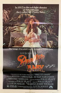 Pretty Baby poster: An original movie poster signed by Brooke Shielsds in full and Susan Sarandon AND Director Louis Malle ! With COA