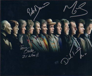 DR WHO: A color 8x10 showing all the actors to play him signed by the current one Matt Smith and first one Tom Baker and Davidson and Tennant four in all with COA