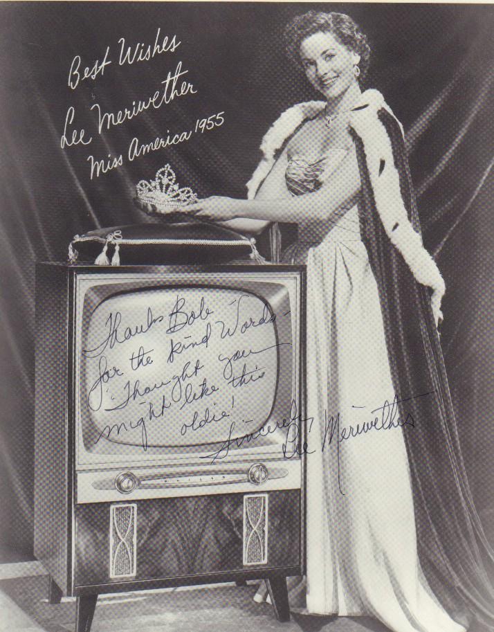 Lee Meriwether: A RARE signed vintage bw 8x10 of the Catwoman star whe she won Miss America with long wonderful 1950s inscription ! With COA