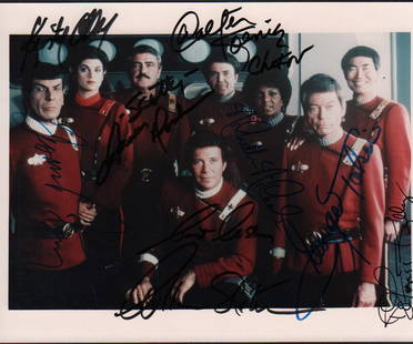 Star Trek Final Frontier cast: A vintage color Trek cast signed by all main members Shatner Nimoy Takei Doohan Nichols Koening and Kelley AND Kirstie Alley