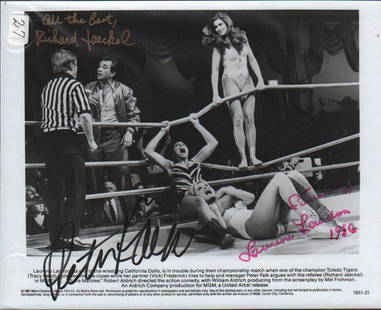 All the Marbles cast: An original ring shot from the funny film signed by star Peter Falk and Richard Jaeckel as the referee and Laurene Landon in the ring