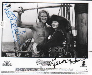 Cutthroat Island: A vintage still from the film signed by stars Matthew Modine and Geena Davis