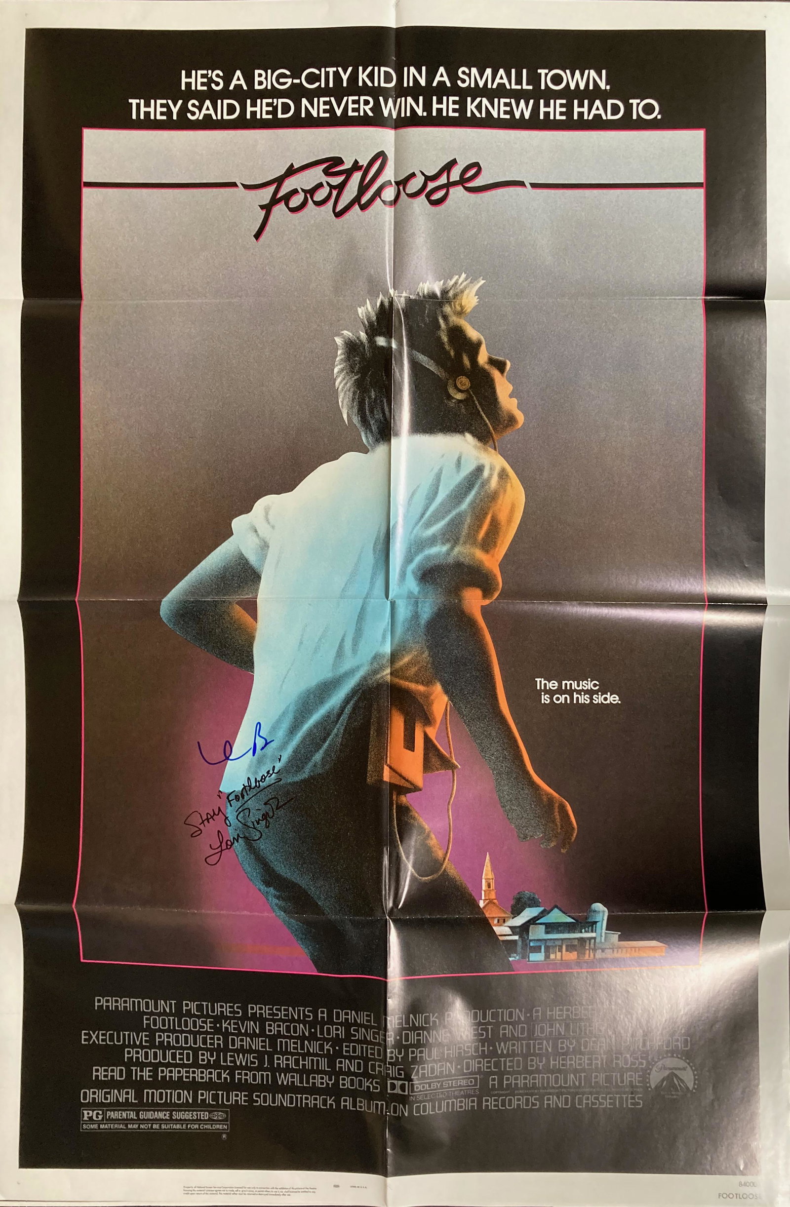 Footloose Movie Poster signed: An original folded as issued movie poster 27x40 signed by both stars Kevin Bacon and Lori Singer with COA