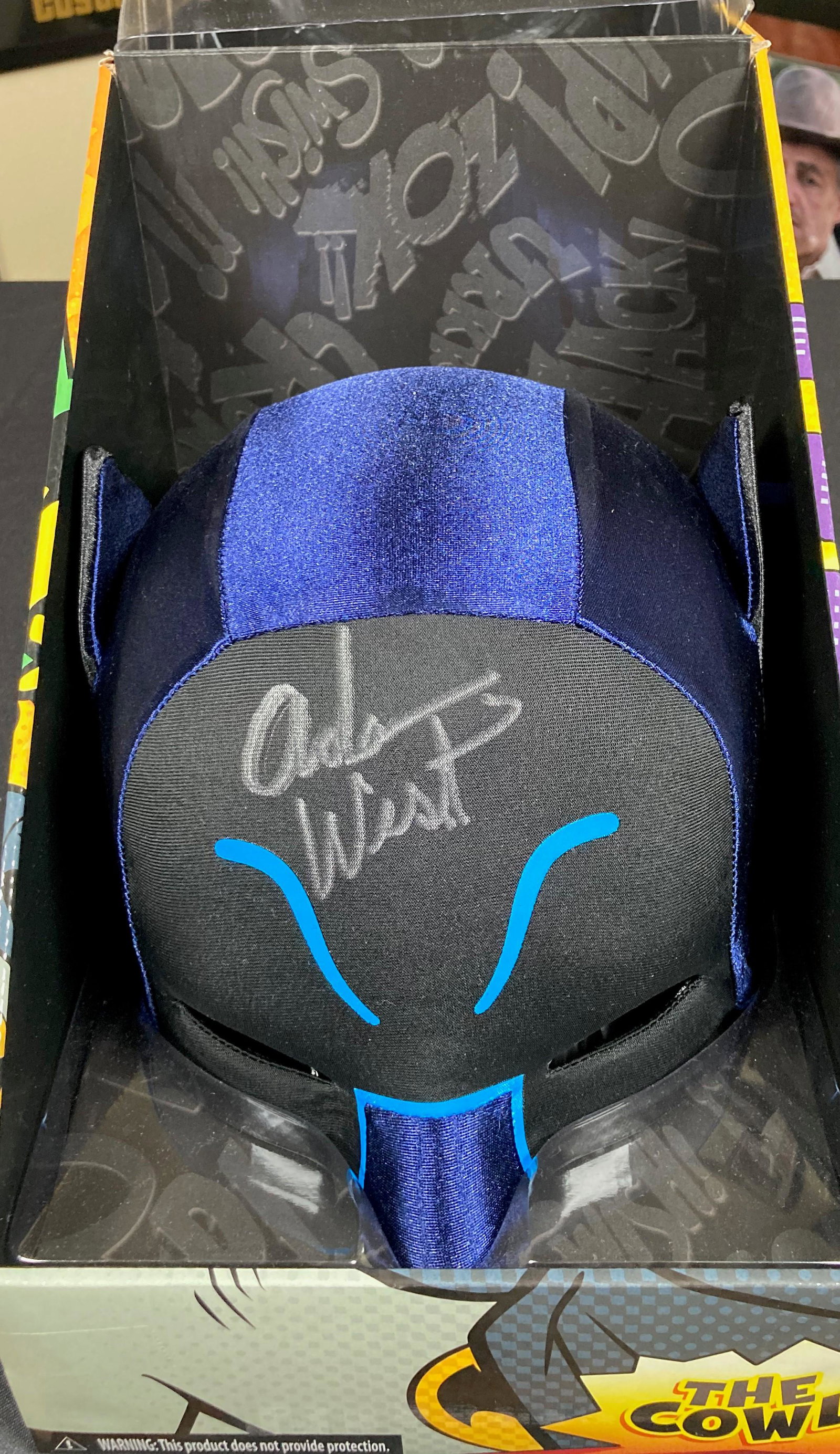 Adam West cowl signed: A lt edition signed exact replica cowl by West from the TV series with COA