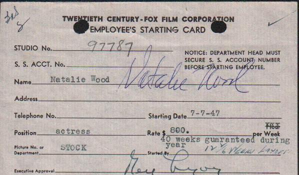 Natalie Wood payroll card (1 of 1)
