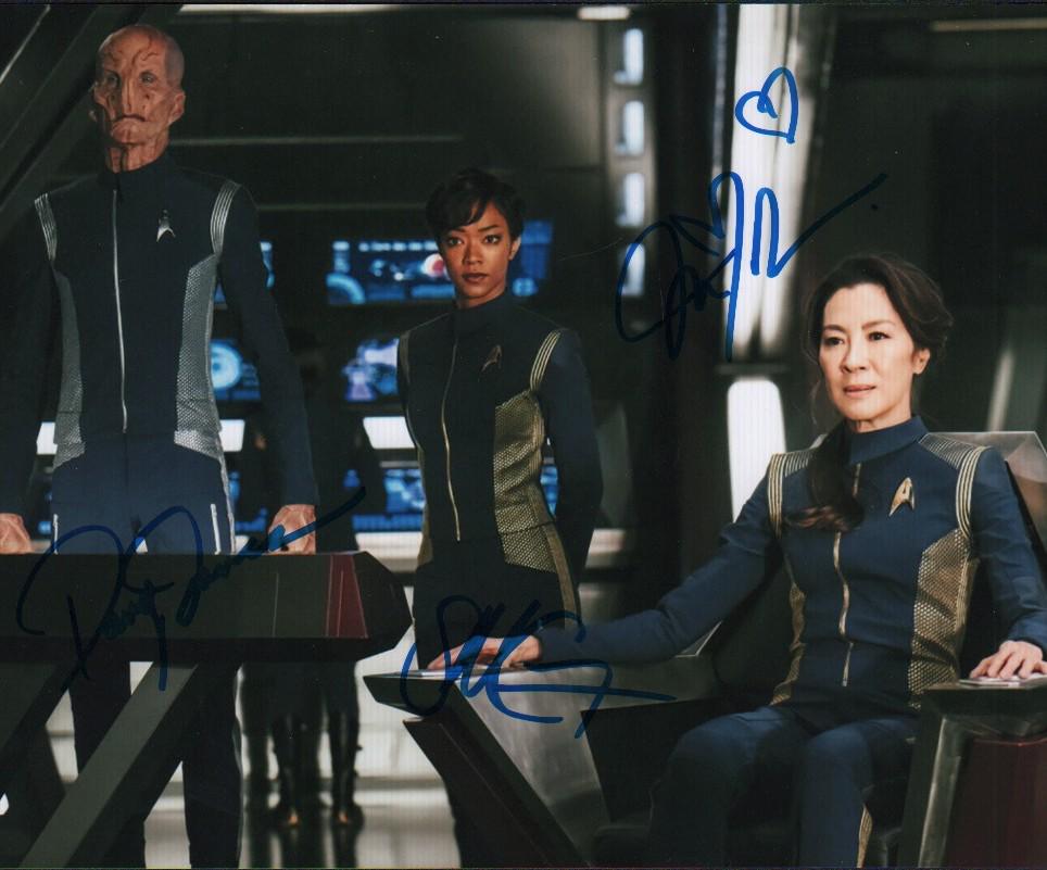 Star Trek Discovery cast signed photograph: A color 8x10 signed by Michelle Yeoh, Sonequa Martin-Green and Doug Jones with COA