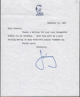 Jimmy Durante typed letter: A one page typed letter signed by the actor on his illustrated stationary in 1967 with COA