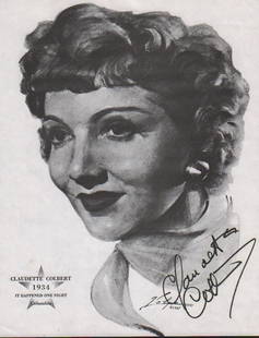 Claudette Colbert: A litho of her in the role she won the AA for by artist Volpe with COA